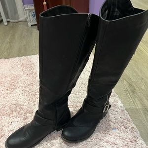 Wide calf faux leather boots with zipper accent on side. No scuffs or scratches